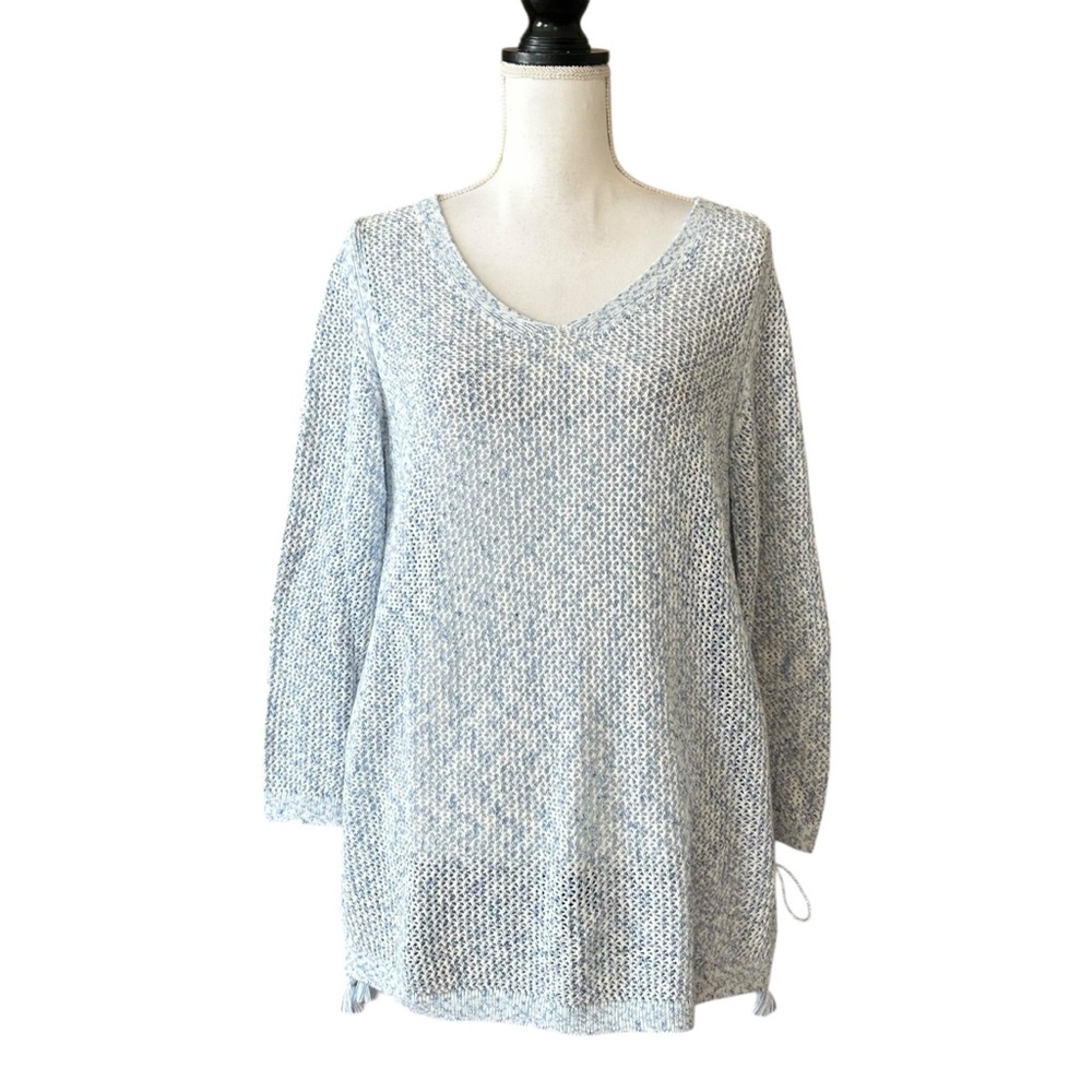 Talbots Open Weave V-Neck Tassel Sweater in Blue and White Women’s SZ Medium‎